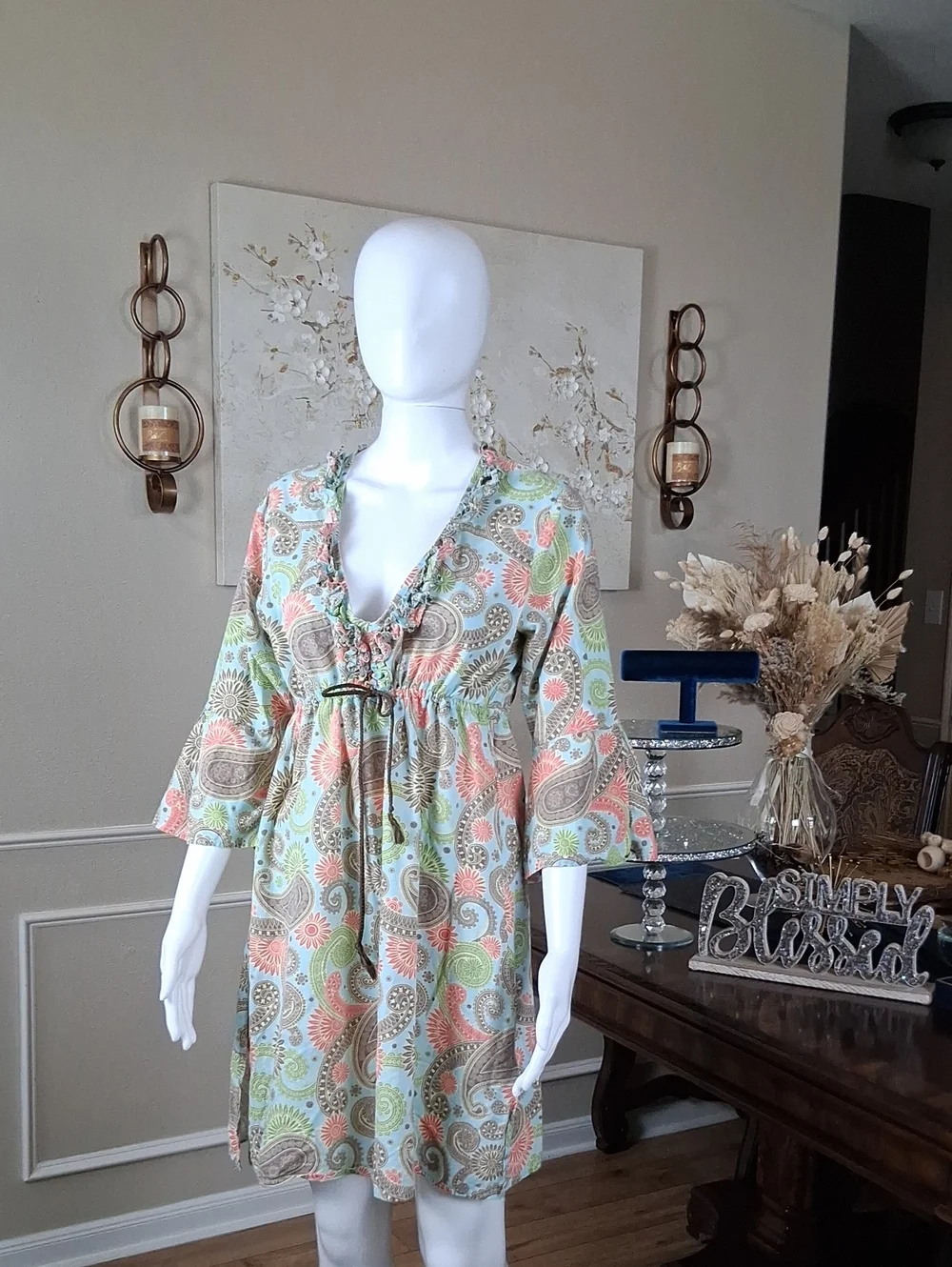 Women's Boho Linen Paisley Print Summer Dress  Multicolor Coverup Medium - Picture 12 of 17